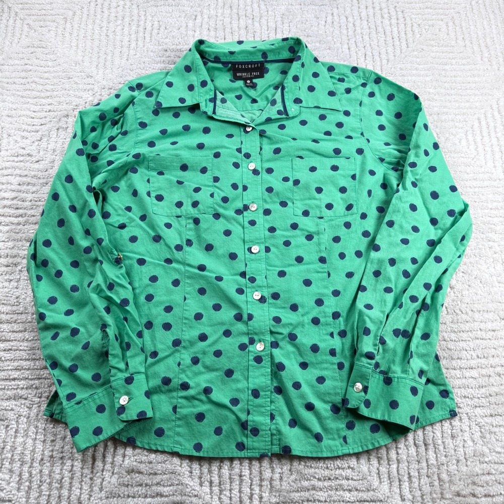 Foxcroft Polka Dot Button Shirt Women's 12P Green Navy Wrinkle Free Blouse Work